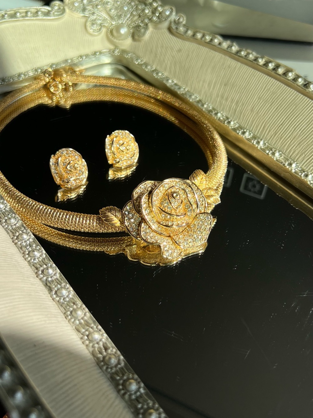 Christian Dior Gold-Tone Crystal Rose Necklace and Earrings Set